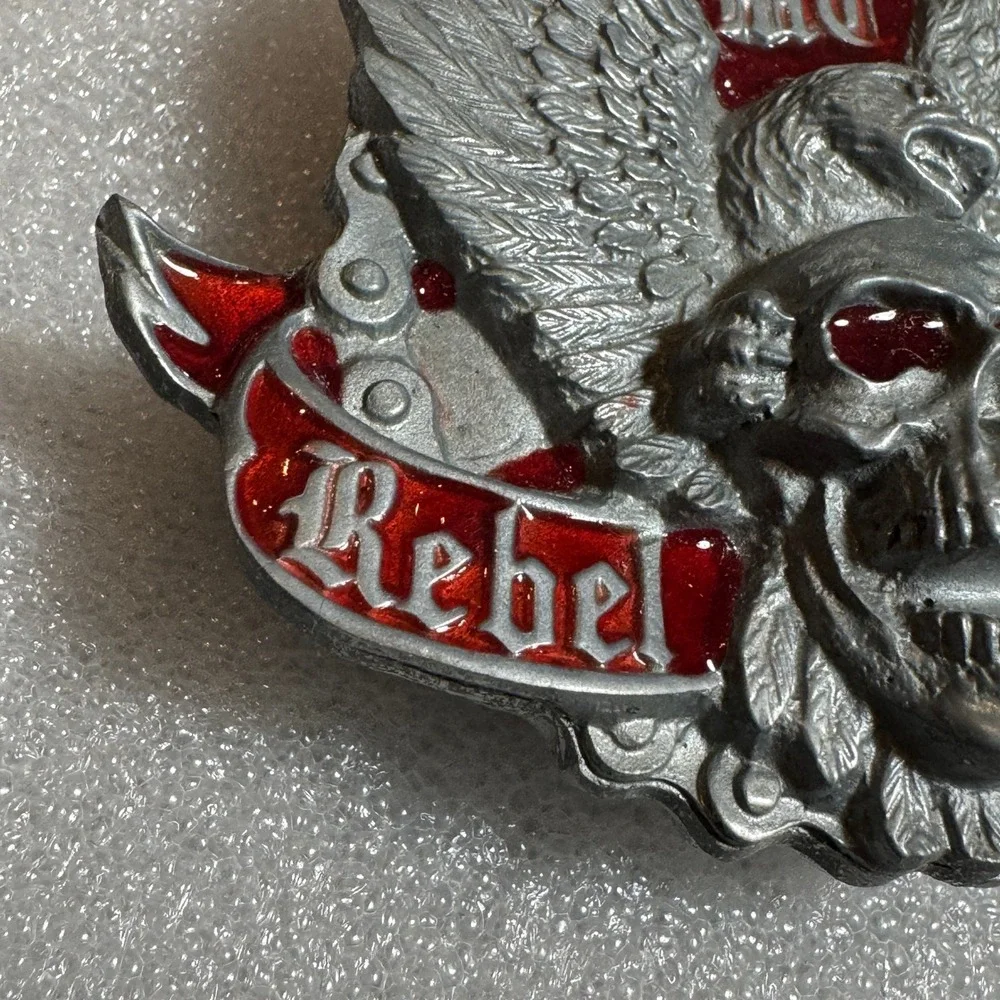 Winged Skull Eagle MC Rebel‎ Rider Belt Buckle Silver Tone Red Enamel Reissue